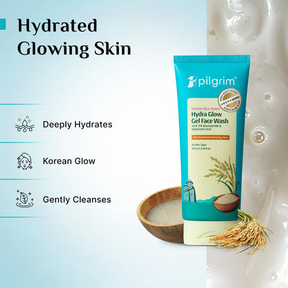 Pilgrim Korean Rice Water Hydra Glow Gel Face Wash for Hydrated Glowing Skin | With 2% Niacinamide for Dark Spots, Hyaluronic