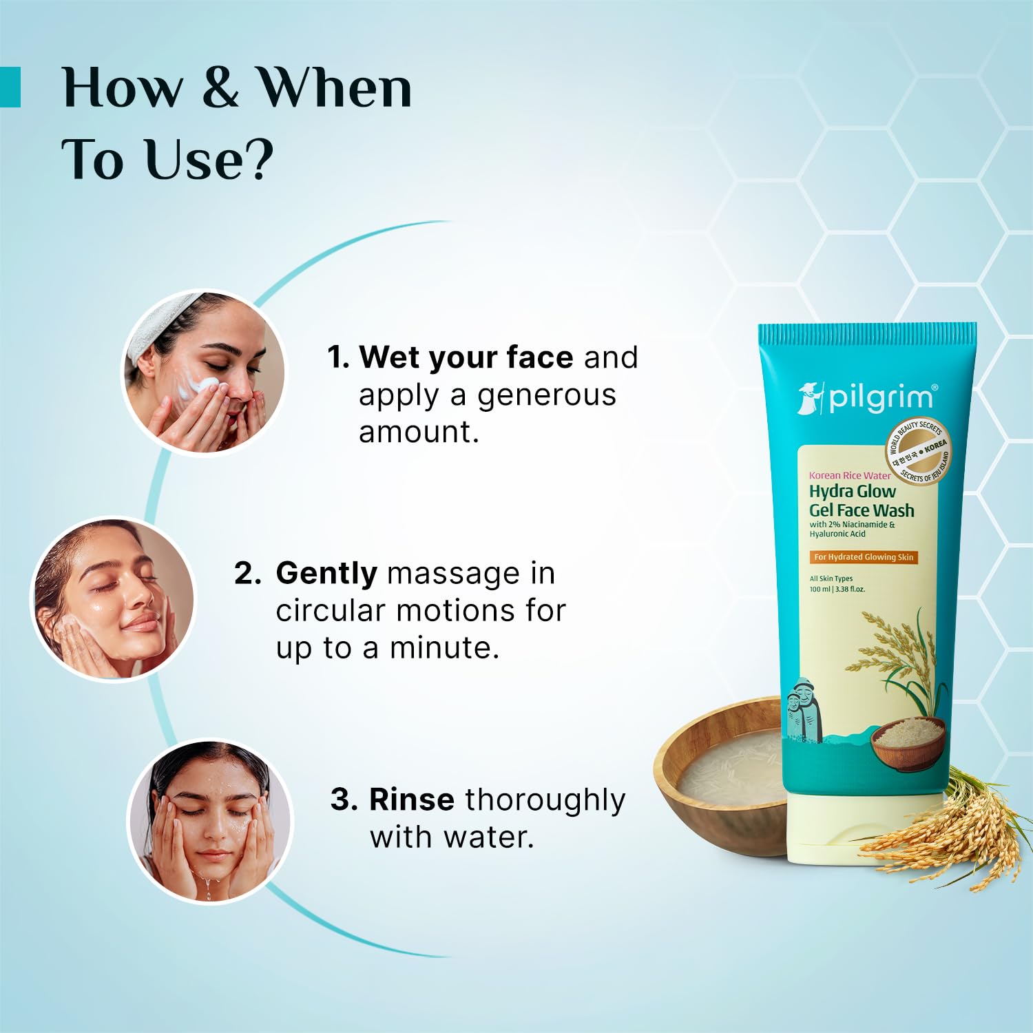 Pilgrim Korean Rice Water Hydra Glow Gel Face Wash for Hydrated Glowing Skin | With 2% Niacinamide for Dark Spots, Hyaluronic