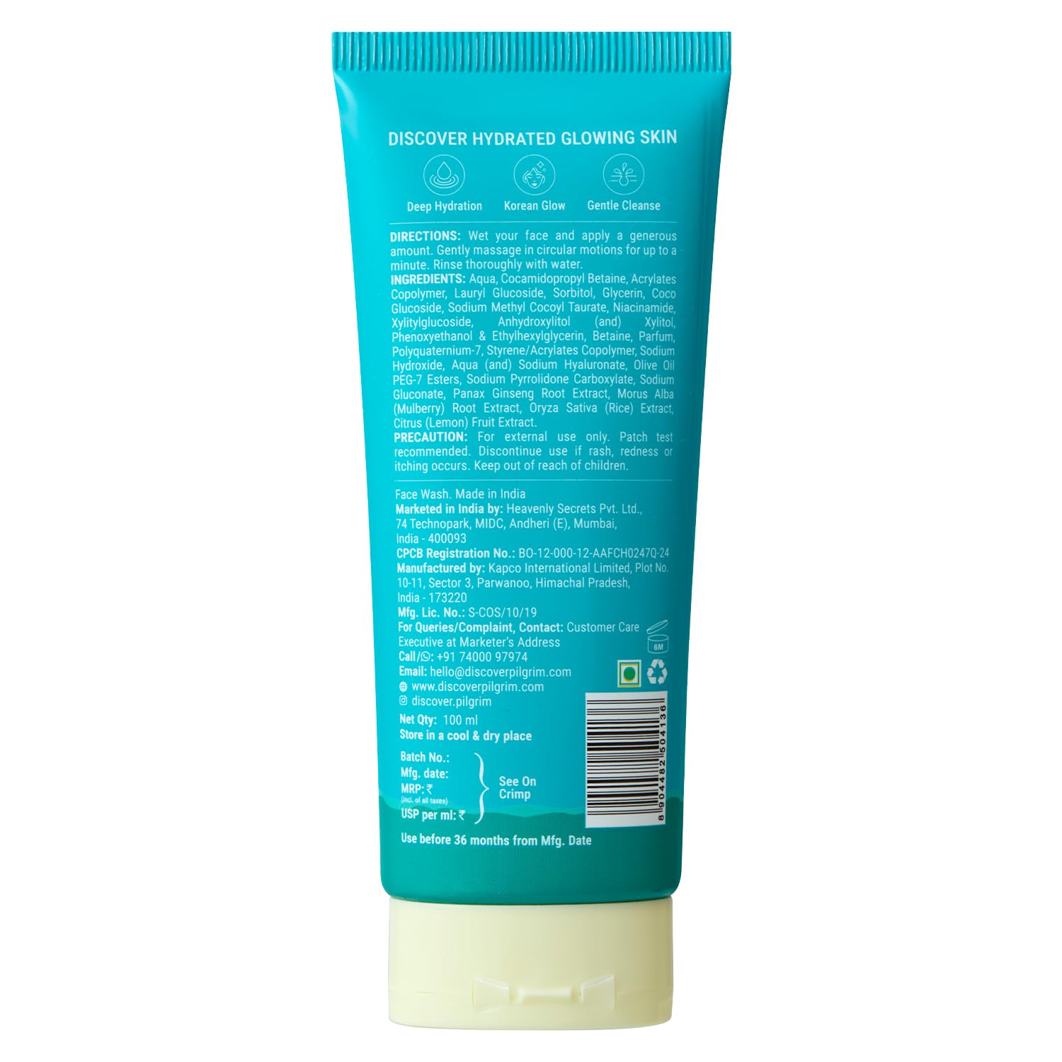 Pilgrim Korean Rice Water Hydra Glow Gel Face Wash for Hydrated Glowing Skin | With 2% Niacinamide for Dark Spots, Hyaluronic