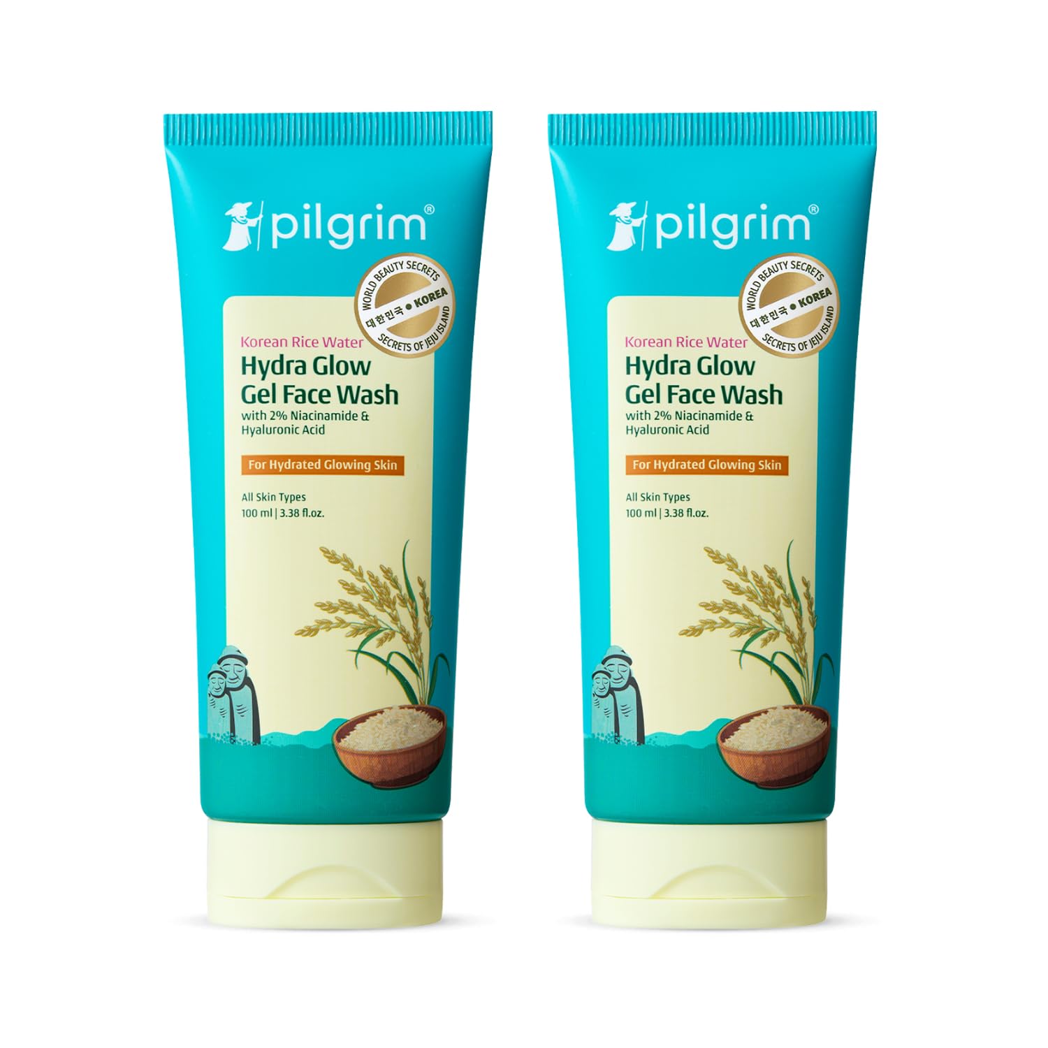 Pilgrim Korean Rice Water Hydra Glow Gel Face Wash for Hydrated Glowing Skin | With 2% Niacinamide for Dark Spots, Hyaluronic