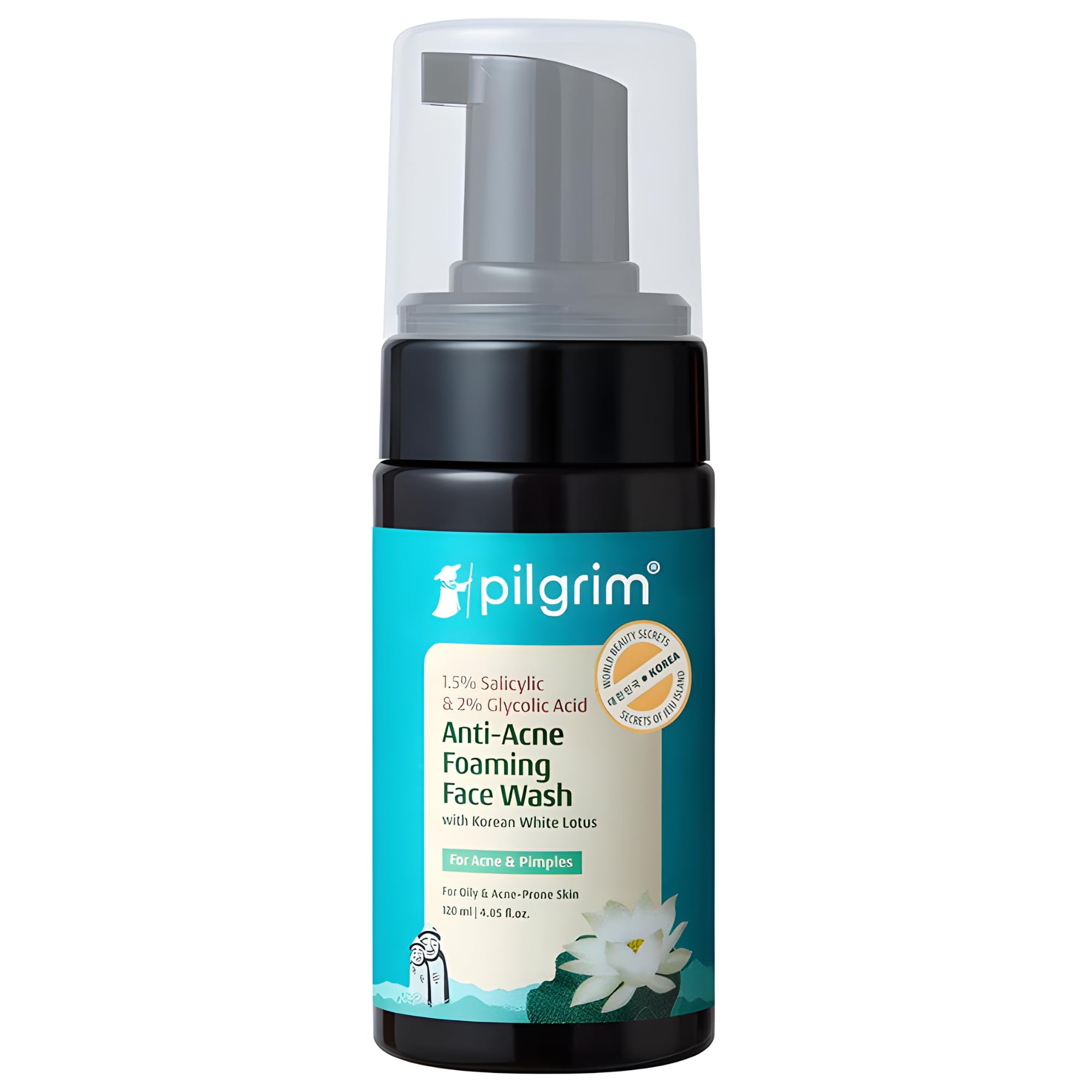 Pilgrim Korean Salicylic Glycolic Acid Foaming Face Wash 1.5% BHA 2% AHA Oily Skin 120ml Unisex