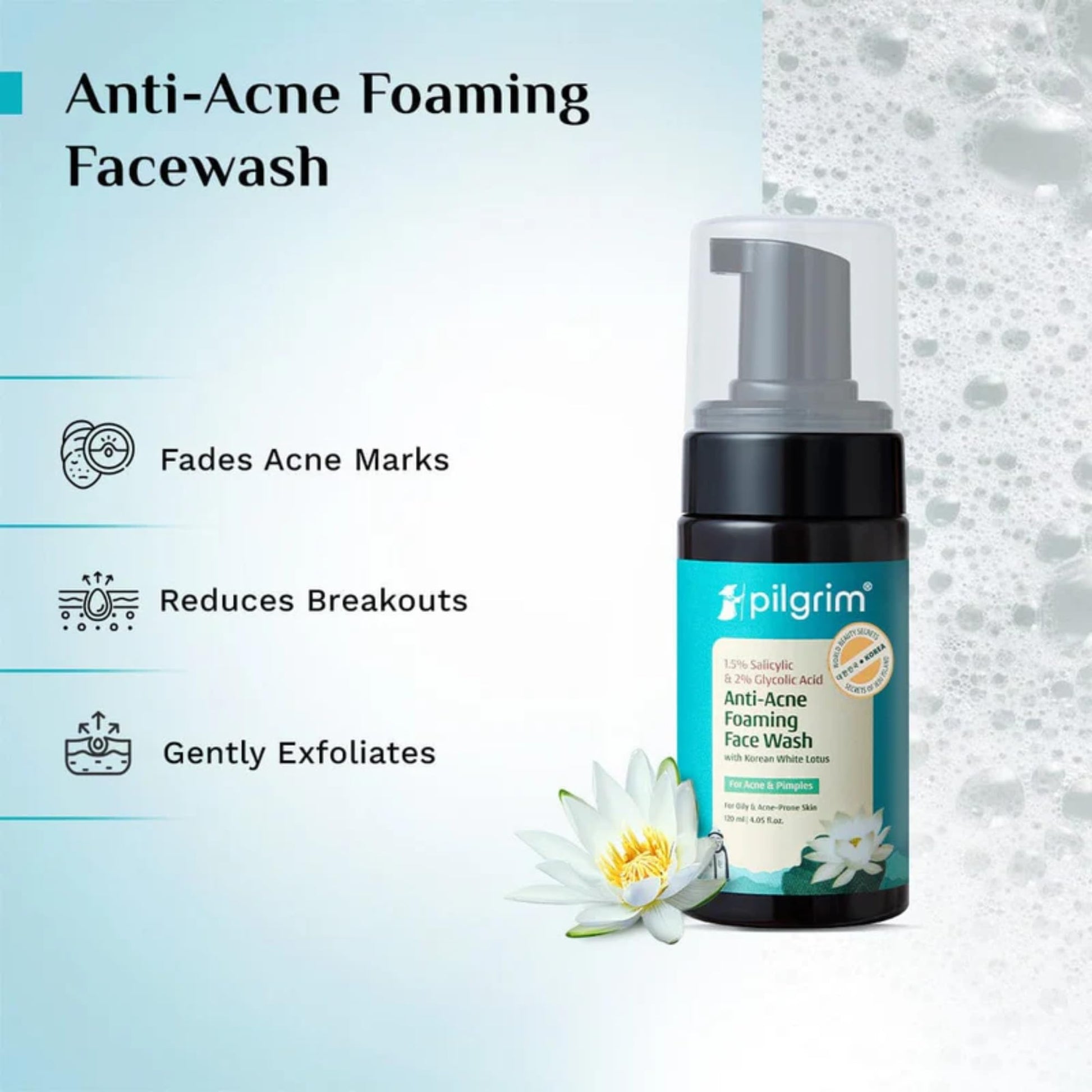Pilgrim Korean Salicylic Glycolic Acid Foaming Face Wash 1.5% BHA 2% AHA Oily Skin 120ml Unisex - back view