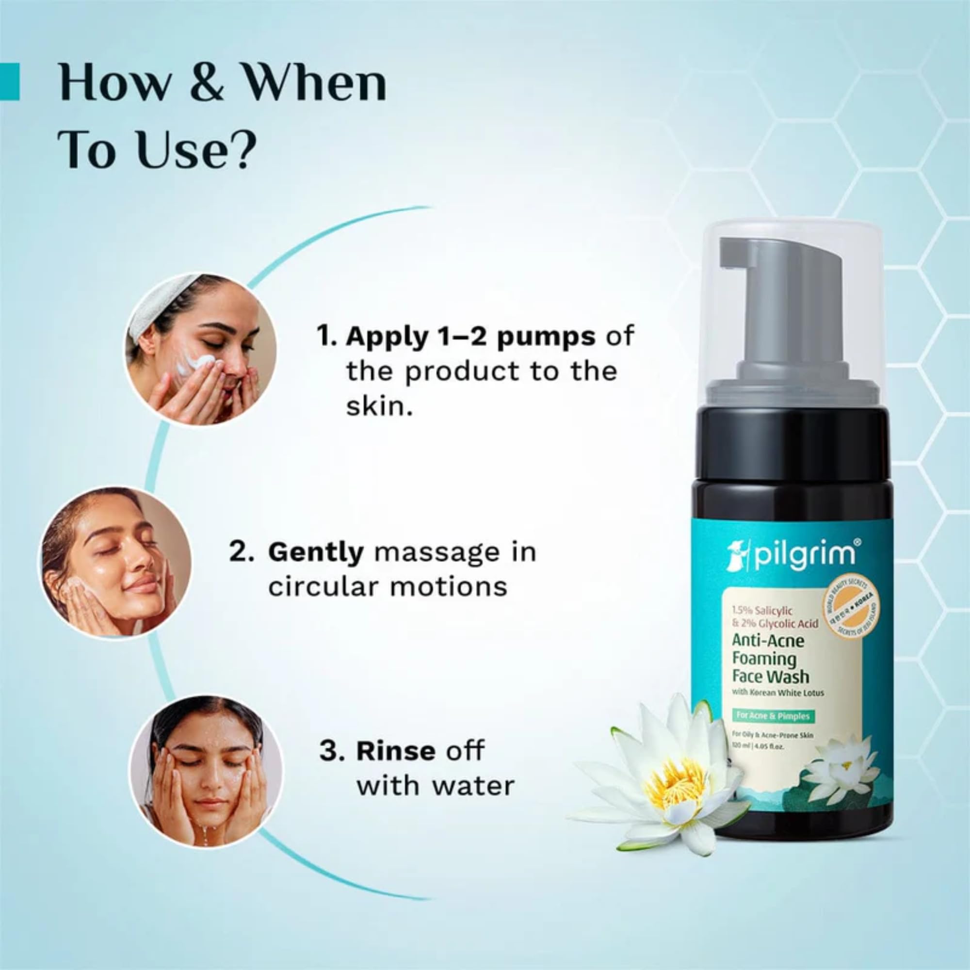 Pilgrim Korean Salicylic Glycolic Acid Foaming Face Wash 1.5% BHA 2% AHA Oily Skin 120ml Unisex - label detail