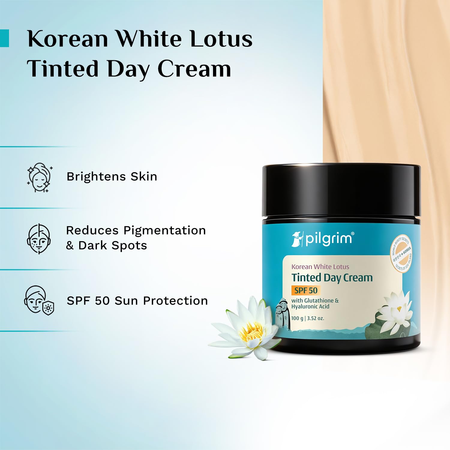 PILGRIM Korean White Lotus Face Cream with SPF 50 | White Lotus Day cream for women daily use | Face cream for dry skin, sens