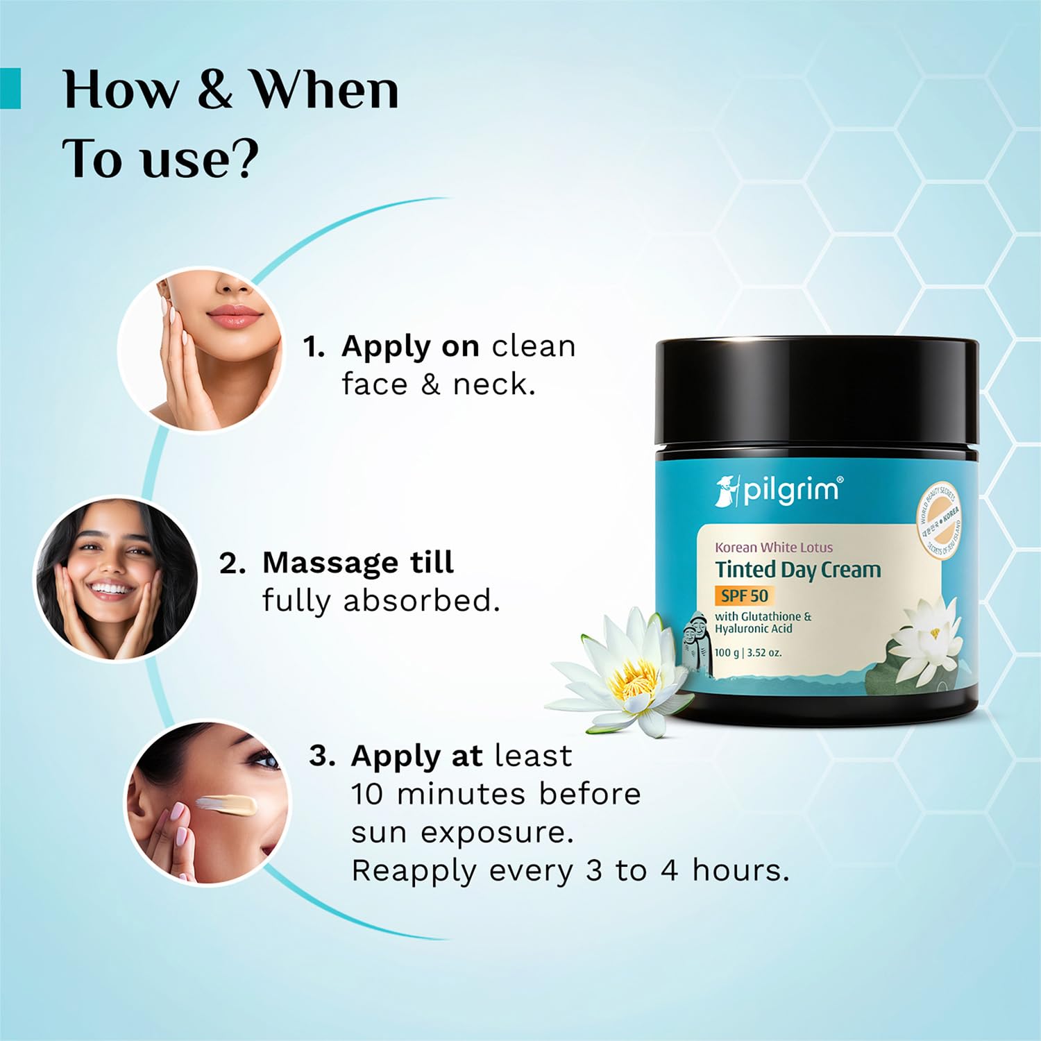 PILGRIM Korean White Lotus Face Cream with SPF 50 | White Lotus Day cream for women daily use | Face cream for dry skin, sens