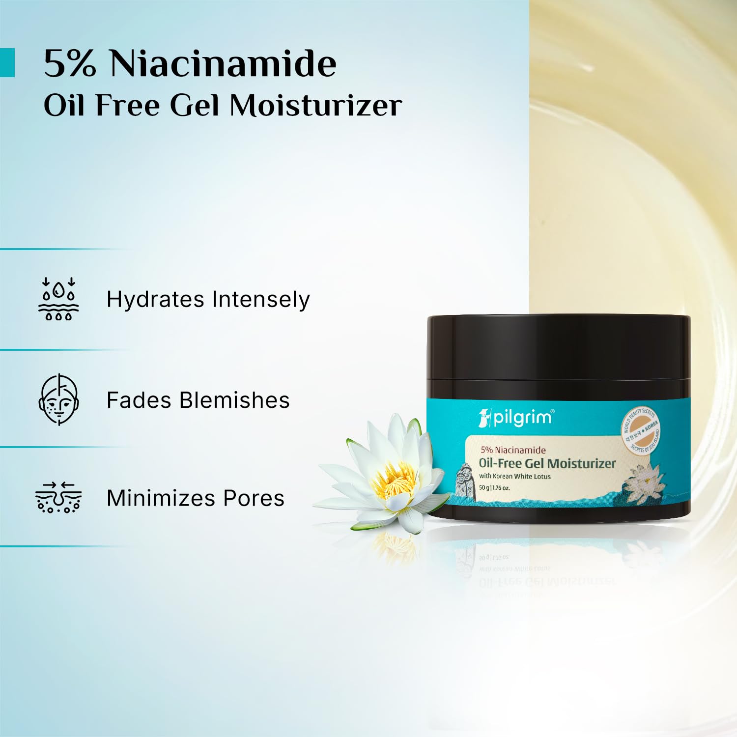Pilgrim Oil-Free Gel Moisturizer with Hyaluronic Acid & Willow Bark Extract, 50g, for Oily Skin, Unisex Korean Skincare - bac