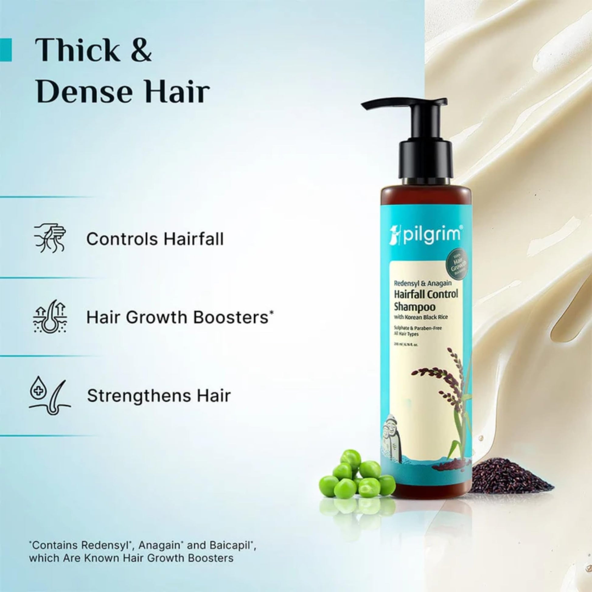Pilgrim Redensyl & Anagain Hairfall Control Shampoo with Korean Black Rice 200ml | Anti Hairfall shampoo for Men & Women | Re