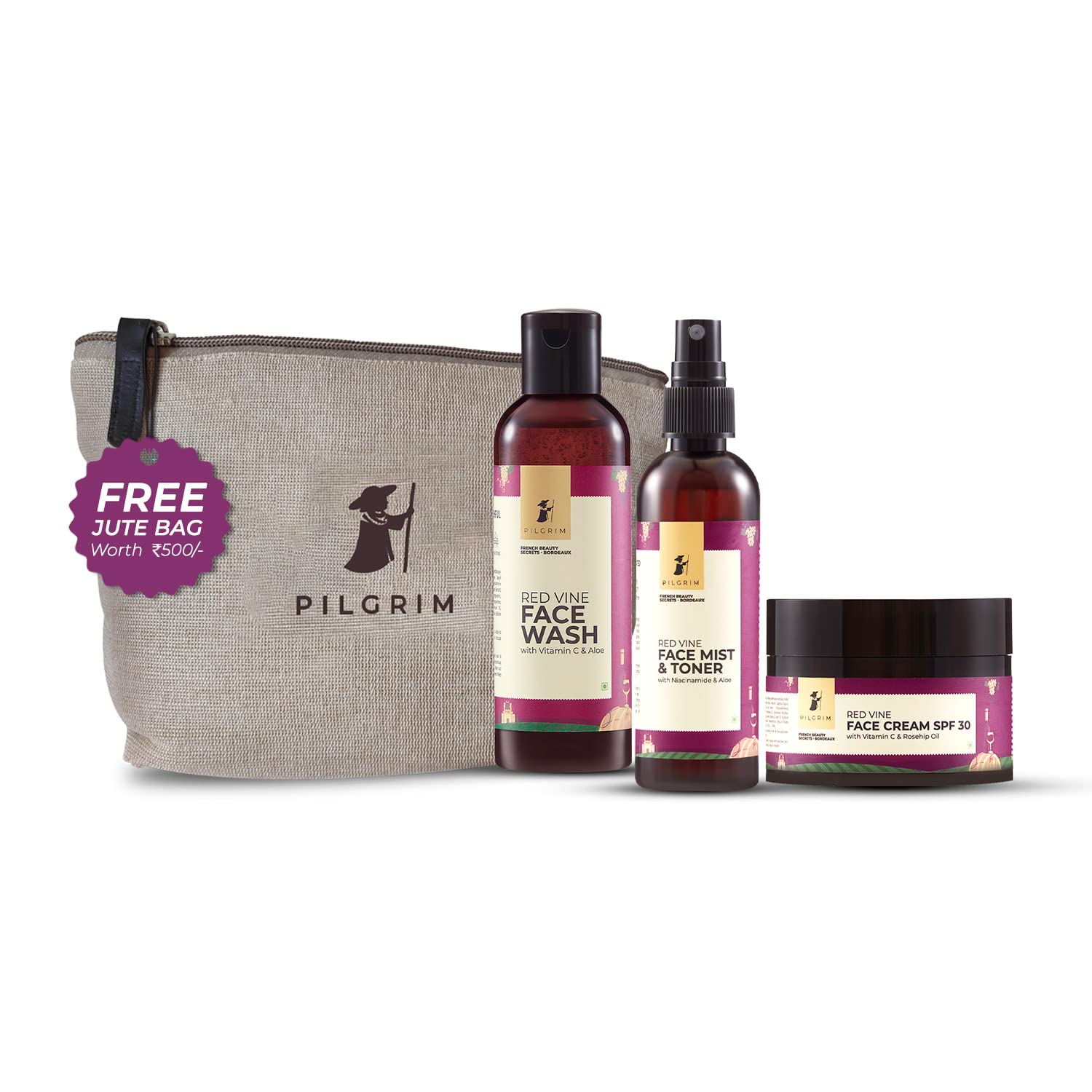 PILGRIM Spanish Squalane Extra-Glow Skin Care Gift Kit with Free Jute Bag|De-Pigmentation,Pore Tightening|Face Wash 100ml,Fac
