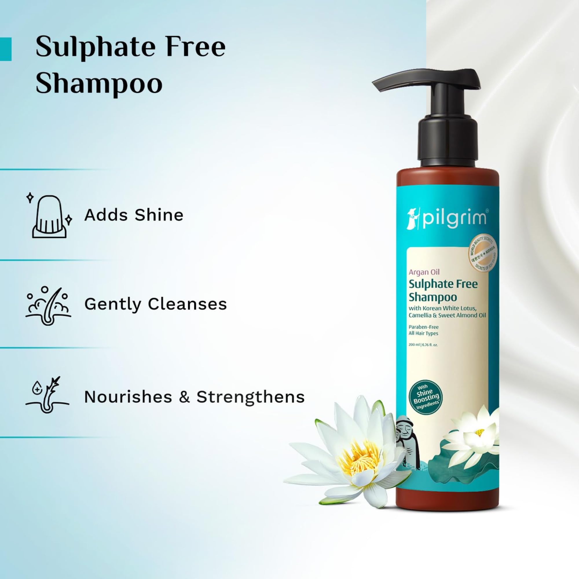 Pilgrim Sulphate Free Shampoo for women & men | Mild shampoo for hair-fall control with argan oil, camellia & white lotus for
