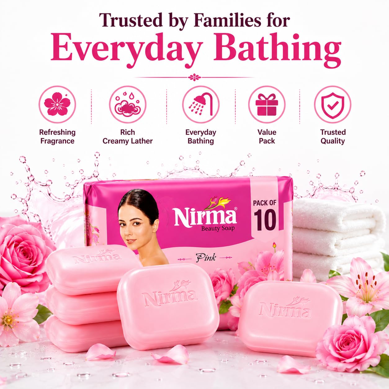 Pink Delight Nirma Beauty Soap Pink Pack of 10, Solid Soap Bar, Floral Fragrance, 500g - front view