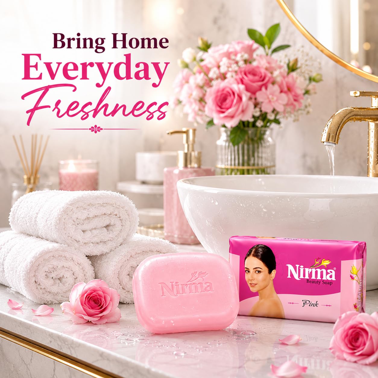 Pink Delight Nirma Beauty Soap Pink Pack of 10, Solid Soap Bar, Floral Fragrance, 500g - back view