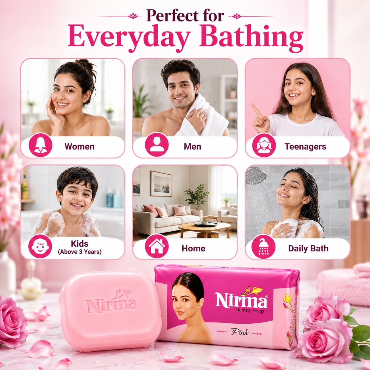 Pink Delight Nirma Beauty Soap Pink Pack of 10, Solid Soap Bar, Floral Fragrance, 500g - packaging