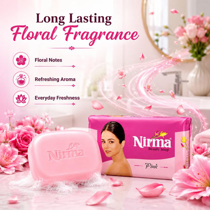 Pink Delight Nirma Beauty Soap Pink Pack of 10, Solid Soap Bar, Floral Fragrance, 500g - label detail
