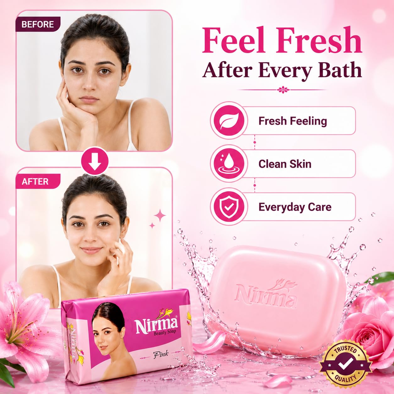 Pink Delight Nirma Beauty Soap Pink Pack of 10, Solid Soap Bar, Floral Fragrance, 500g - close-up detail