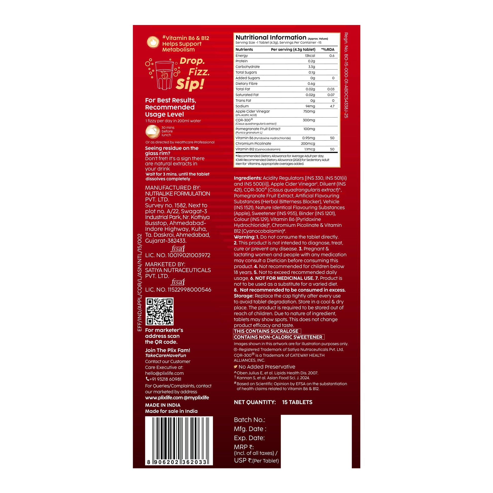 PLIX - THE PLANT FIX ACV CQR Plus Effervescent Tablets, 15 Count, Plant-Based, Apple Flavor, Nutritional Supplement - size an