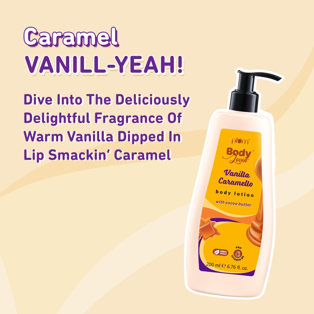Plum BodyLovin Vanilla Caramello Body Lotion, Cocoa Butter & Vitamin B5, Warm Vanilla Fragrance - label detail