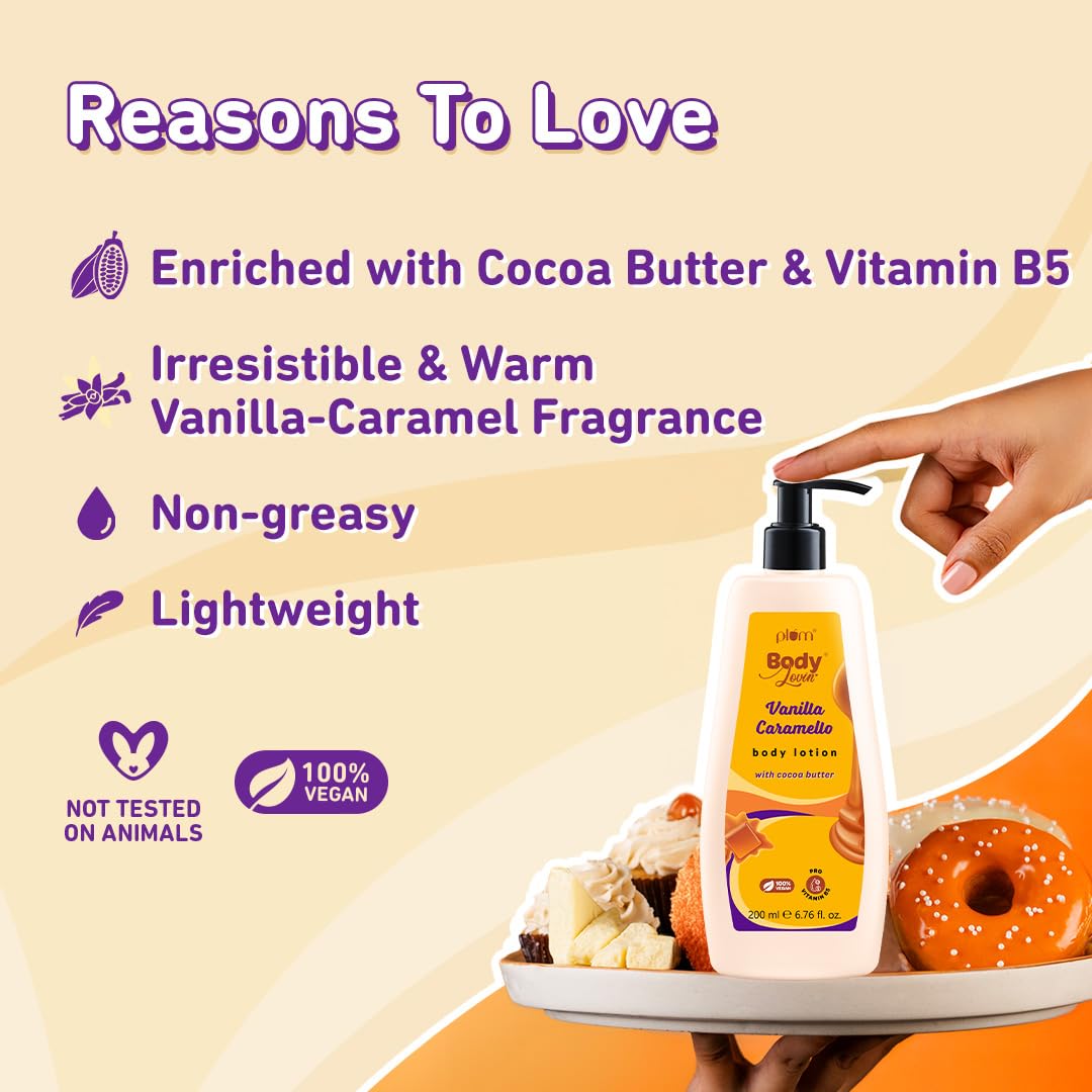Plum BodyLovin Vanilla Caramello Body Lotion, Cocoa Butter & Vitamin B5, Warm Vanilla Fragrance - ingredients panel