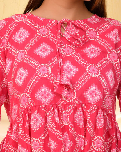 POISED Women's Cotton Bandhani Peplum Kurti - Short Flared Kurta with Keyhole Neck & 3/4 Sleeves - front view (11)