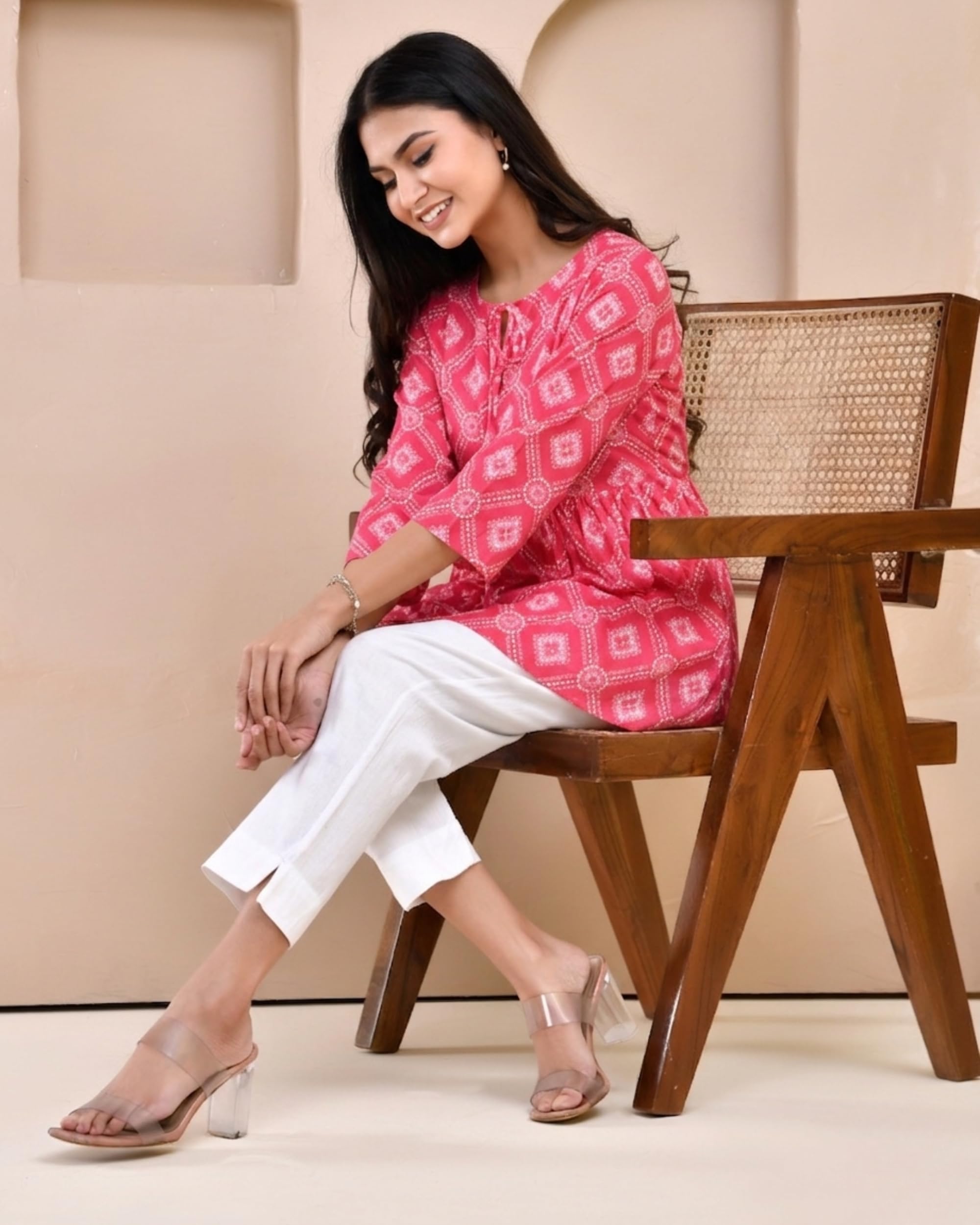 POISED Women's Cotton Bandhani Peplum Kurti - Short Flared Kurta with Keyhole Neck & 3/4 Sleeves - back view (12)
