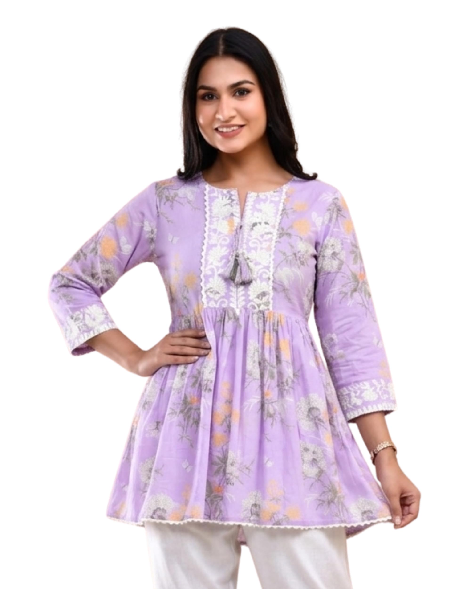 POISED Women's Cotton Bandhani Peplum Kurti - Short Flared Kurta with Keyhole Neck & 3/4 Sleeves (14)