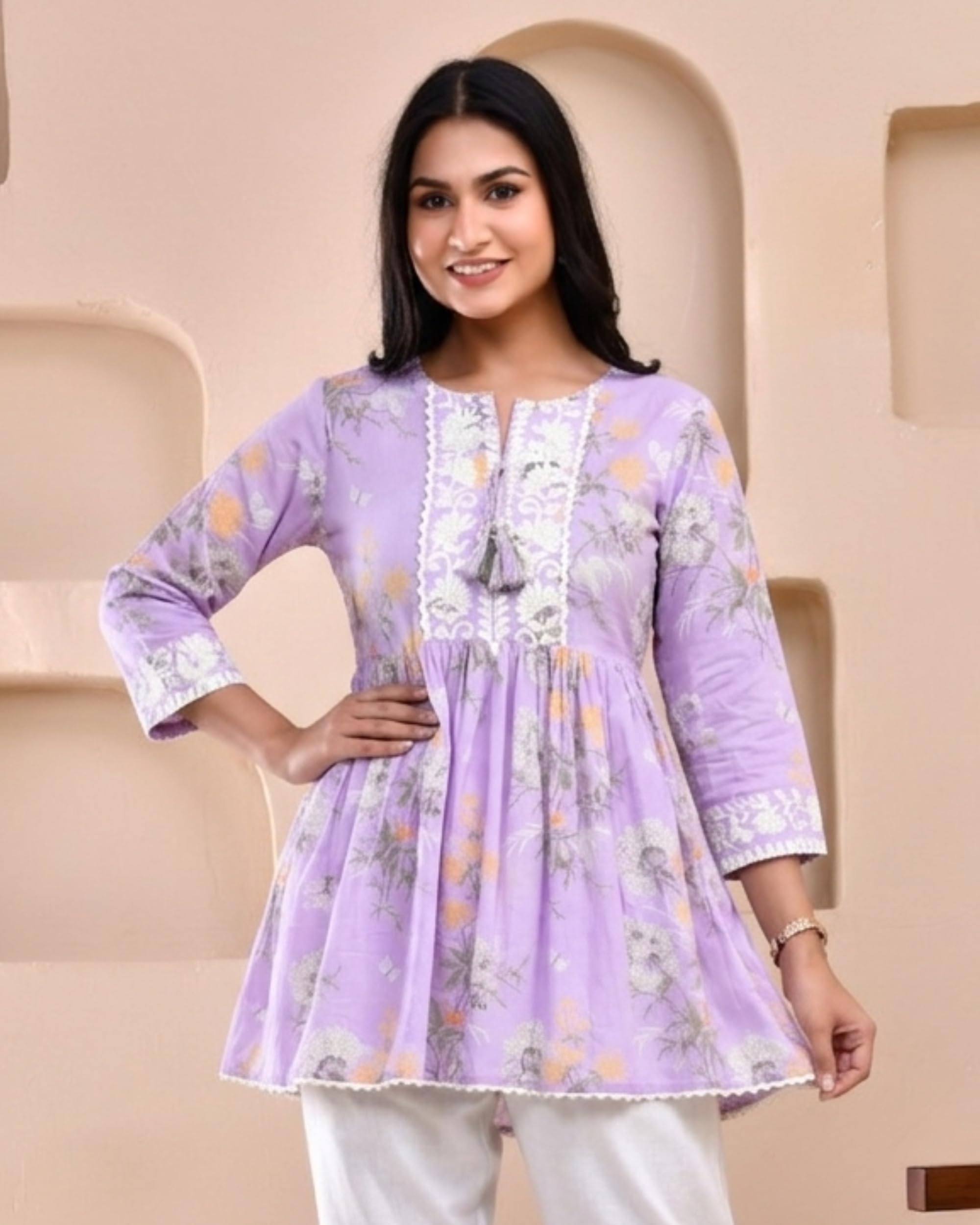 POISED Women's Cotton Bandhani Peplum Kurti - Short Flared Kurta with Keyhole Neck & 3/4 Sleeves - front view (15)