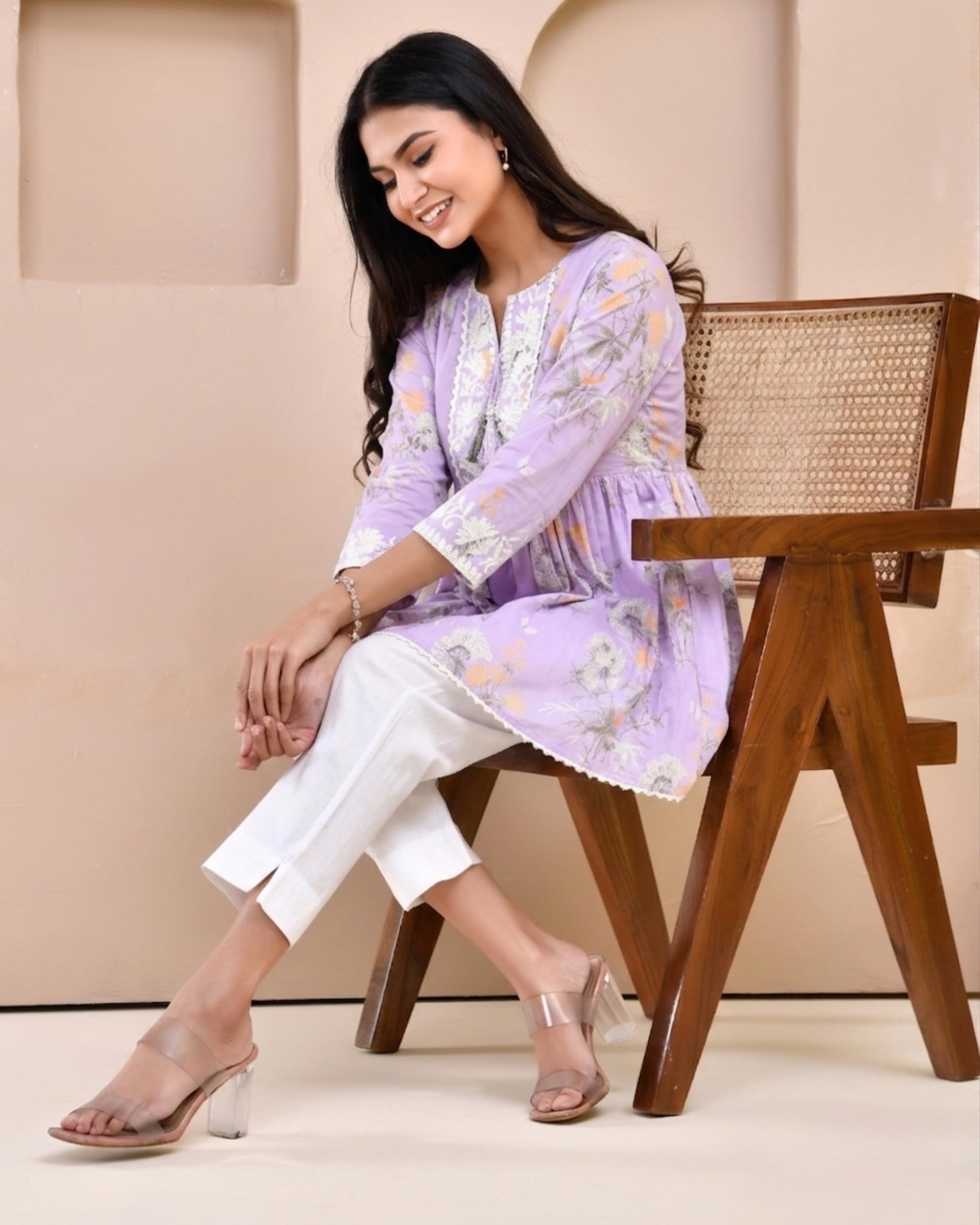 POISED Women's Cotton Bandhani Peplum Kurti - Short Flared Kurta with Keyhole Neck & 3/4 Sleeves - close-up detail