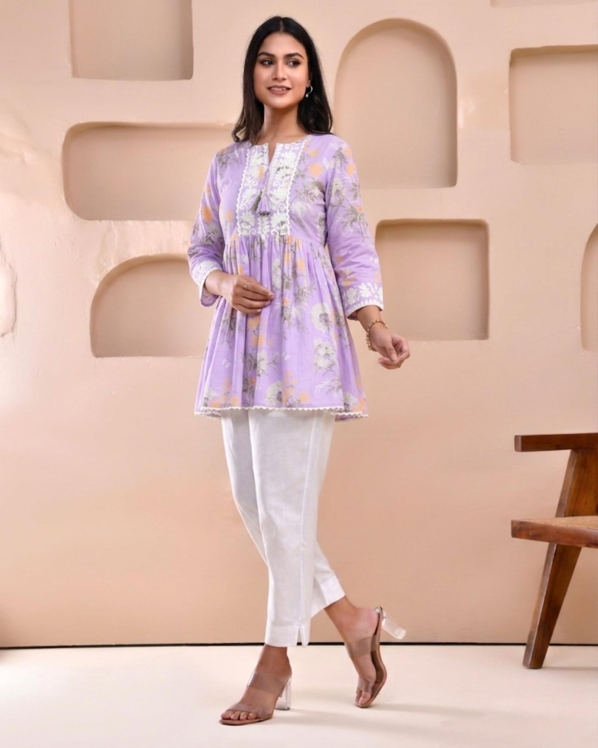 POISED Women's Cotton Bandhani Peplum Kurti - Short Flared Kurta with Keyhole Neck & 3/4 Sleeves - in use