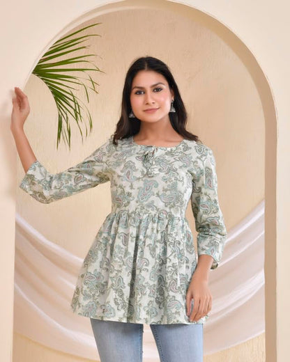 POISED Women's Cotton Bandhani Peplum Kurti - Short Flared Kurta with Keyhole Neck & 3/4 Sleeves - front view (23)
