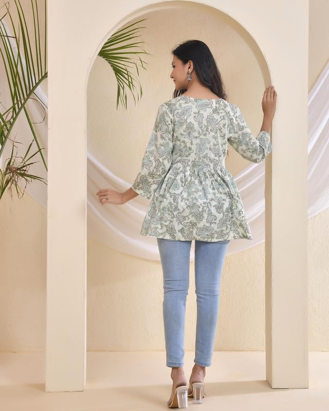 POISED Women's Cotton Bandhani Peplum Kurti - Short Flared Kurta with Keyhole Neck & 3/4 Sleeves - label detail (26)