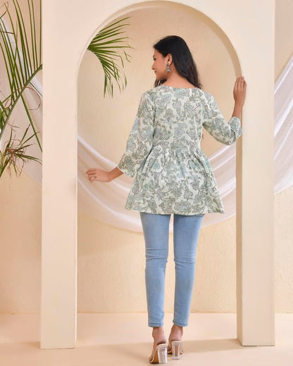 POISED Women's Cotton Bandhani Peplum Kurti - Short Flared Kurta with Keyhole Neck & 3/4 Sleeves - label detail (26)