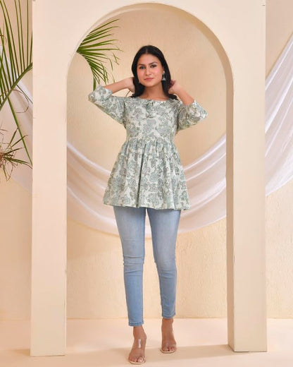 POISED Women's Cotton Bandhani Peplum Kurti - Short Flared Kurta with Keyhole Neck & 3/4 Sleeves - in use (29)