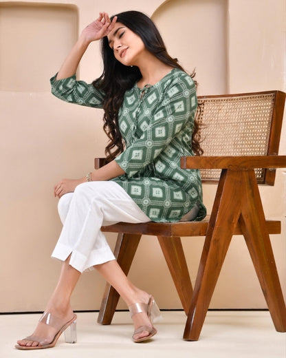 POISED Women's Cotton Bandhani Peplum Kurti - Short Flared Kurta with Keyhole Neck & 3/4 Sleeves - back view