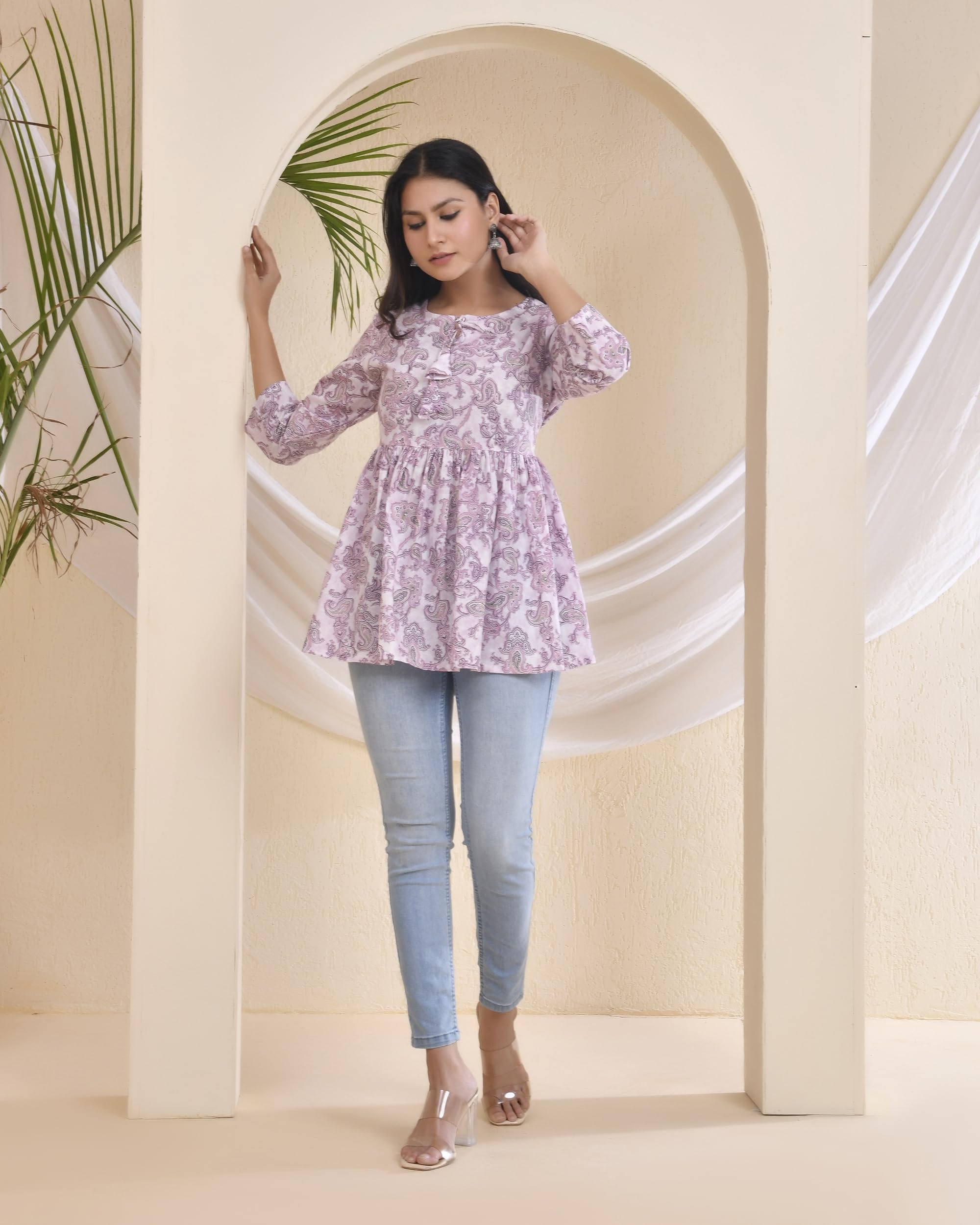 POISED Women's Cotton Bandhani Peplum Kurti - Short Flared Kurta with Keyhole Neck & 3/4 Sleeves - front view (6)