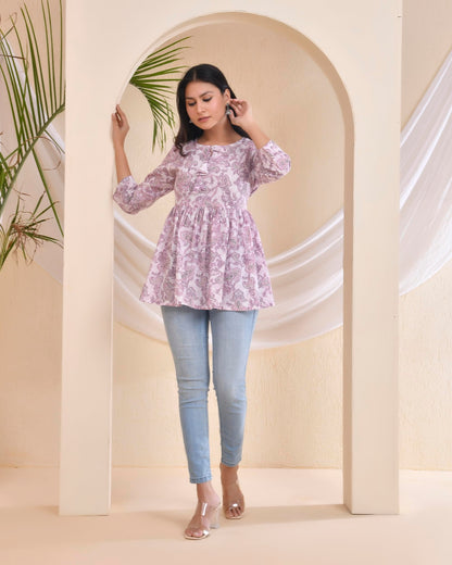 POISED Women's Cotton Bandhani Peplum Kurti - Short Flared Kurta with Keyhole Neck & 3/4 Sleeves - front view (6)