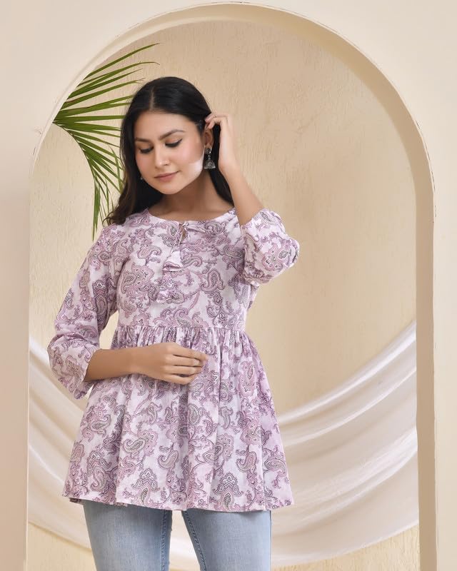 POISED Women's Cotton Bandhani Peplum Kurti - Short Flared Kurta with Keyhole Neck & 3/4 Sleeves - back view (7)