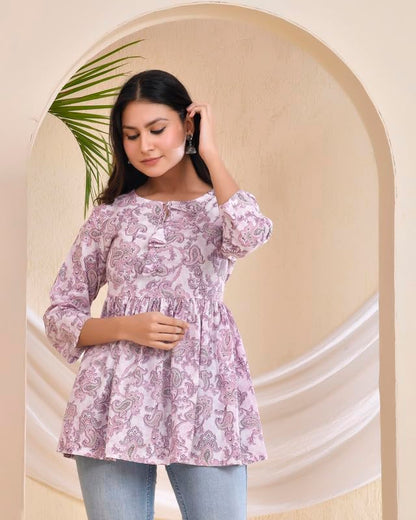 POISED Women's Cotton Bandhani Peplum Kurti - Short Flared Kurta with Keyhole Neck & 3/4 Sleeves - back view (7)