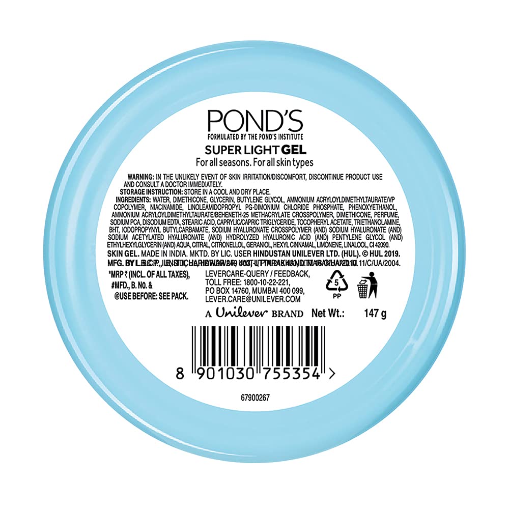 POND'S Super Light Gel Moisturiser, Oil-Free Gel Face Moisturizer, Hyaluronic Acid, for Women - front view (32)
