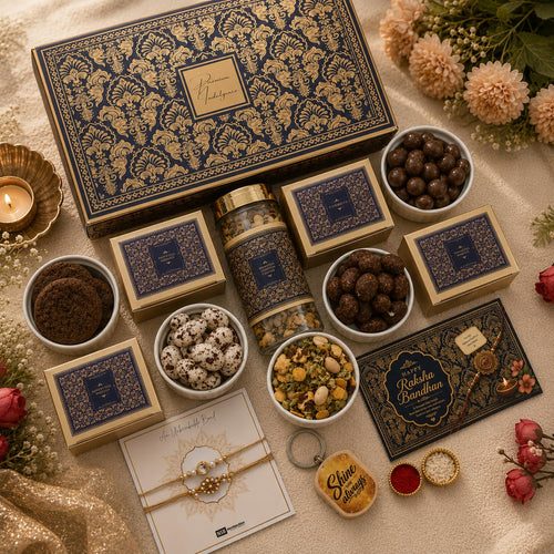 Blue Rakhi Gift Hamper for Brother with Cookies, Paan Shots, Protein Crunch, Rose Petal Nutties, Tiramisu Biscoff Chocolates,