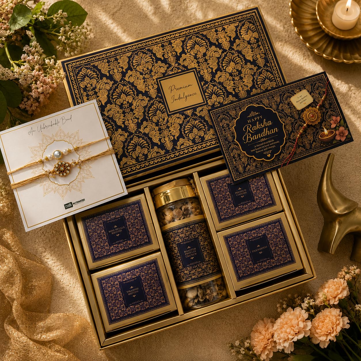 Blue Rakhi Gift Hamper for Brother with Cookies, Paan Shots, Protein Crunch, Rose Petal Nutties, Tiramisu Biscoff Chocolates,