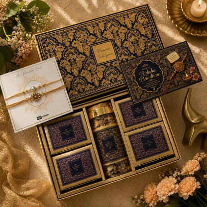Blue Rakhi Gift Hamper for Brother with Cookies, Paan Shots, Protein Crunch, Rose Petal Nutties, Tiramisu Biscoff Chocolates,