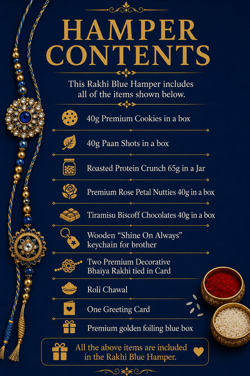 Blue Rakhi Gift Hamper for Brother with Cookies, Paan Shots, Protein Crunch, Rose Petal Nutties, Tiramisu Biscoff Chocolates,