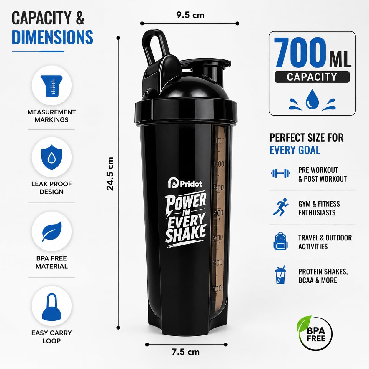 Pridot 700ml Protein Shaker Bottle Leak Proof BPA Free with Stainless Steel Mixing Ball - front view