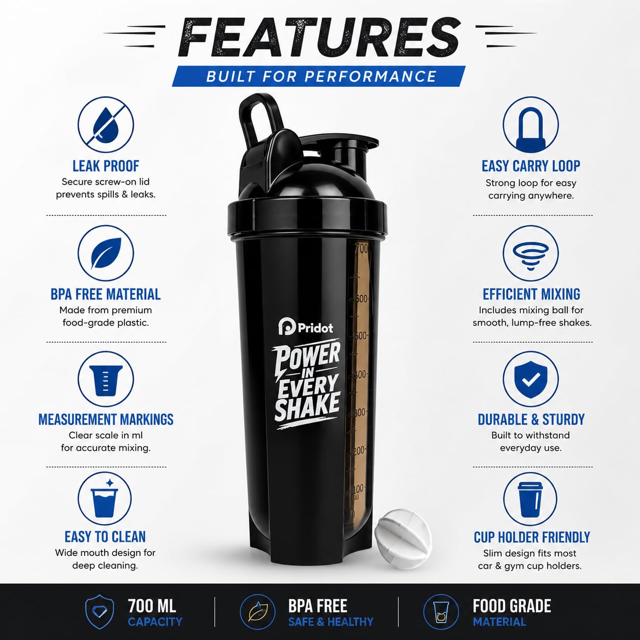 Pridot 700ml Protein Shaker Bottle Leak Proof BPA Free with Stainless Steel Mixing Ball - back view