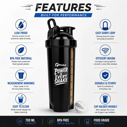 Pridot 700ml Protein Shaker Bottle Leak Proof BPA Free with Stainless Steel Mixing Ball - back view