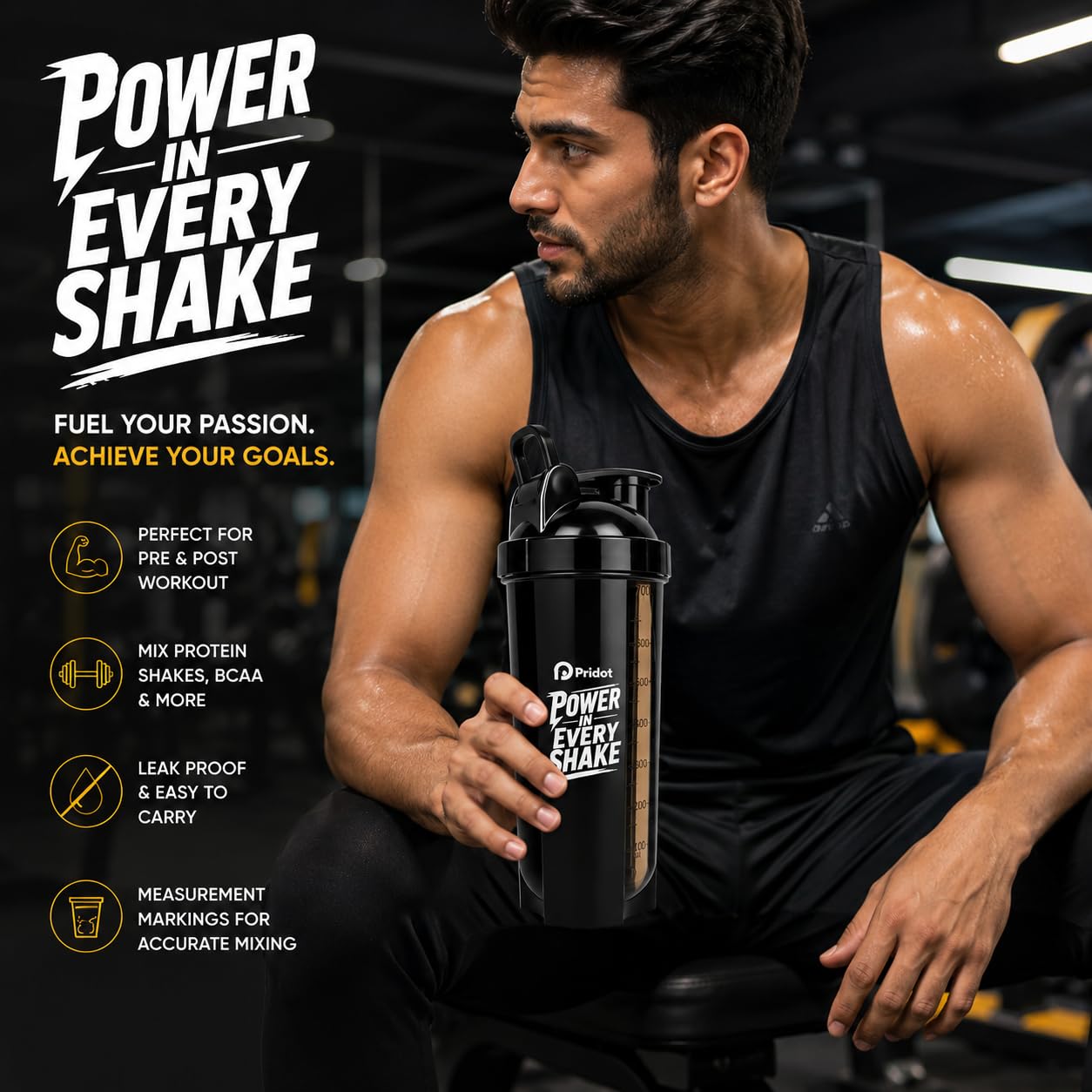 Pridot 700ml Protein Shaker Bottle Leak Proof BPA Free with Stainless Steel Mixing Ball - packaging
