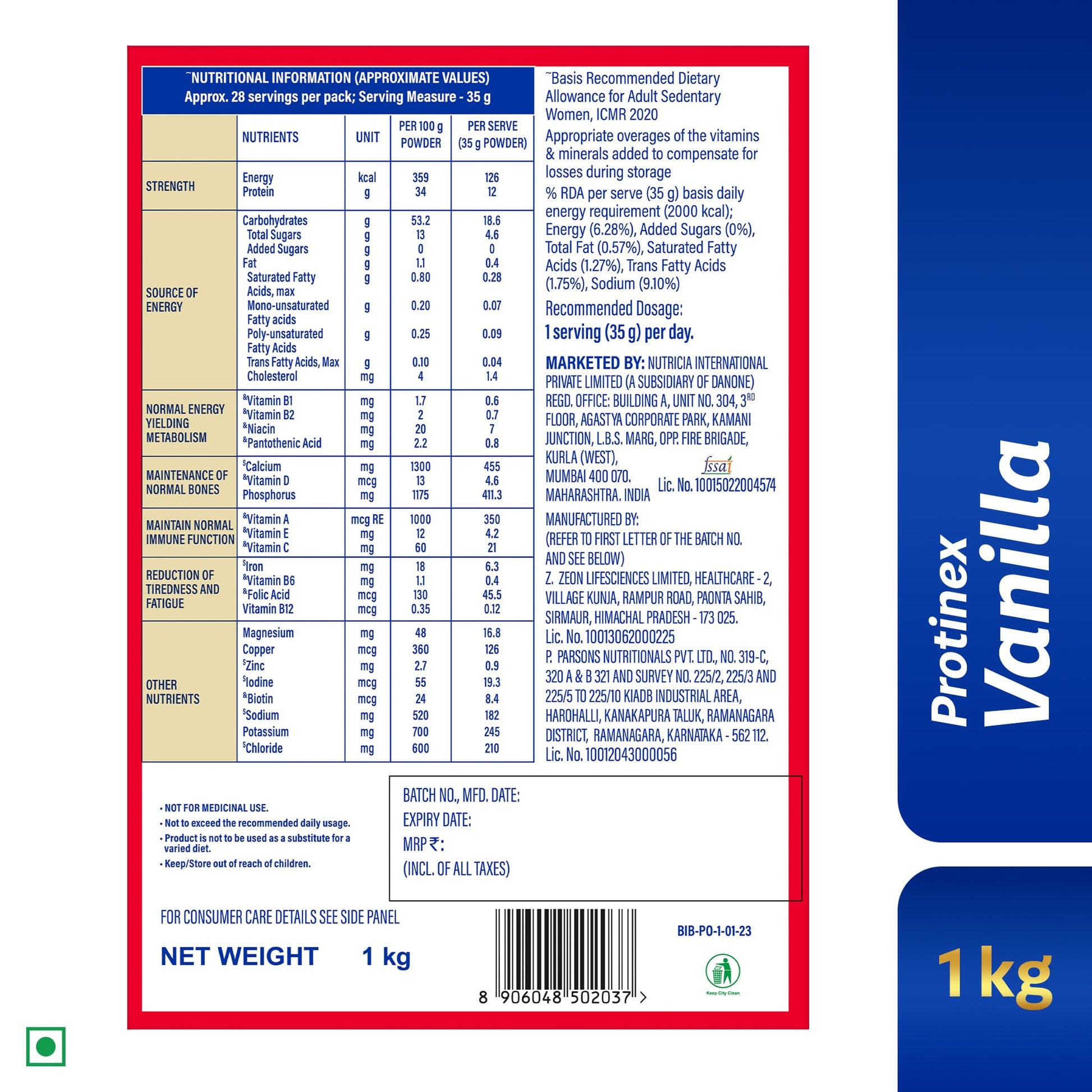 Protinex Protein Supplement Powder, Creamy Vanilla, 1 kg, Zero Added Sugar Drink Mix - size and scale