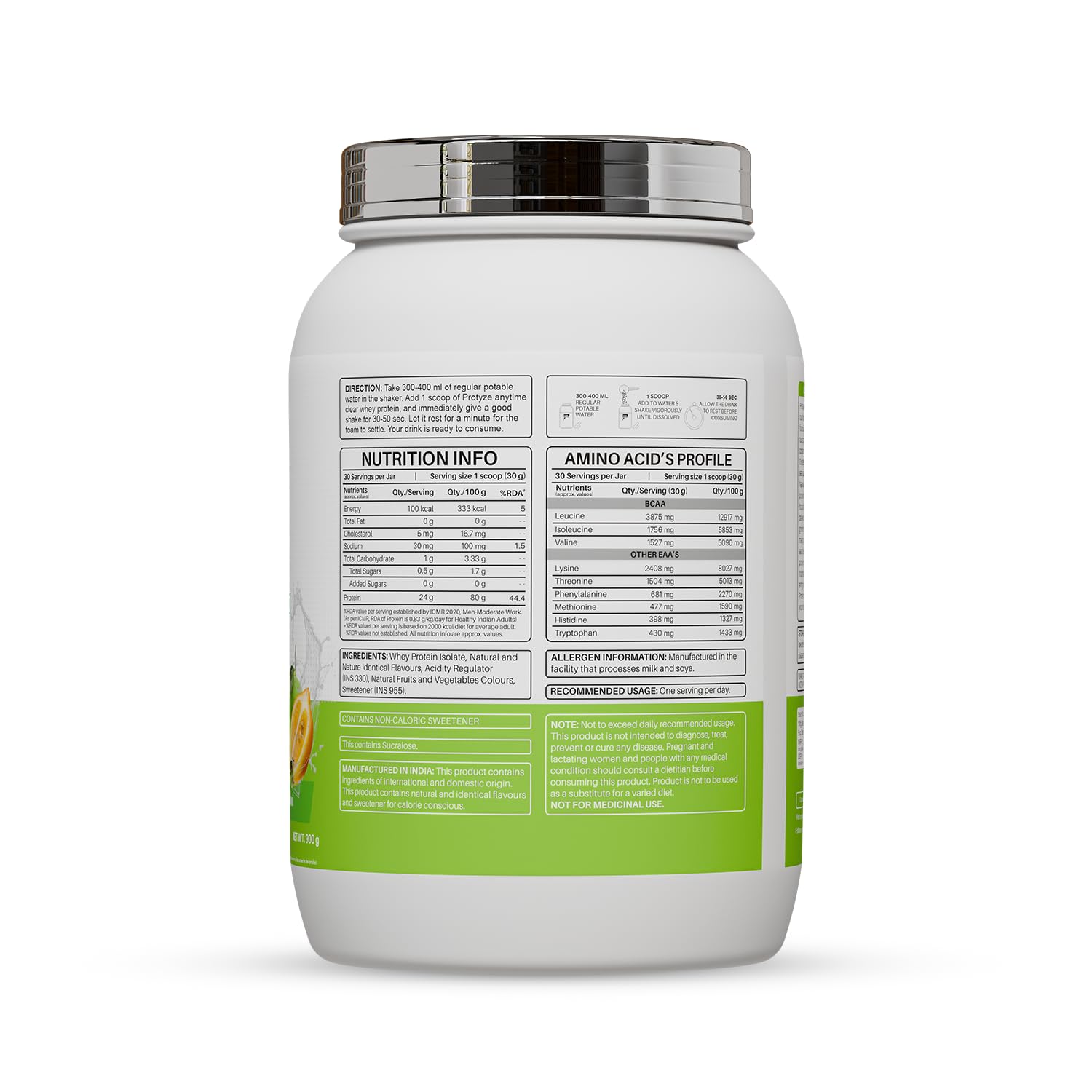 Protyze Anytime Clear Whey Protein Isolate, Nimbu Pani Flavor, 24g Protein, 30 Servings, 900g, ISO & HACCP Certified - size a
