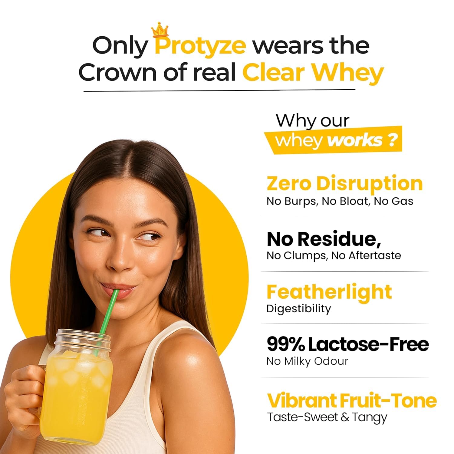 Protyze Anytime Clear Whey Protein Powder, 24g Protein, 7.2g BCAAs, Non GMO, Gluten Free - front view (26)