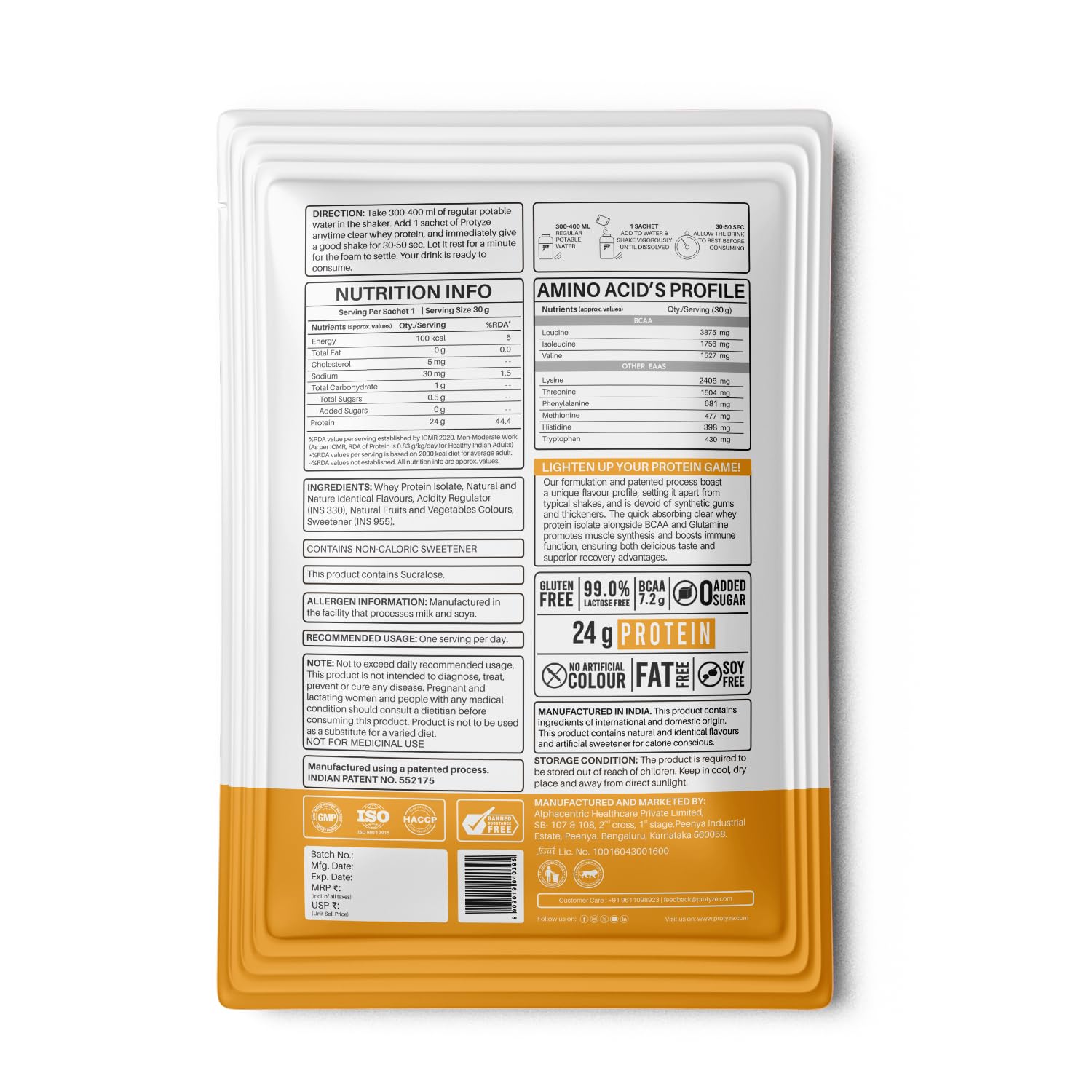 Protyze Anytime Clear Whey Protein Powder, 24g Protein, 7.2g BCAAs, Non GMO, Gluten Free - ingredients panel (28)