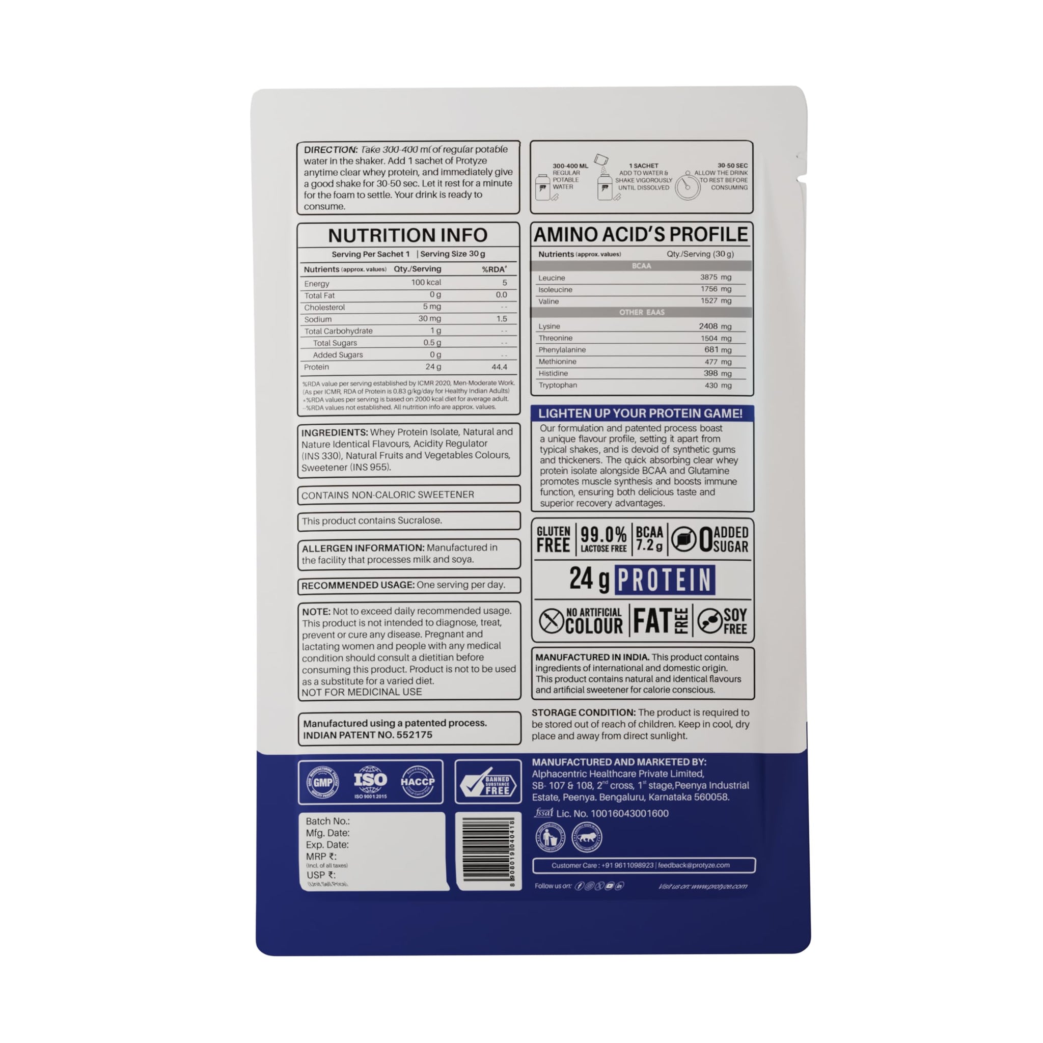 Protyze Anytime Clear Whey Protein Powder, 24g Protein, 7.2g BCAAs, Non GMO, Gluten Free - back view